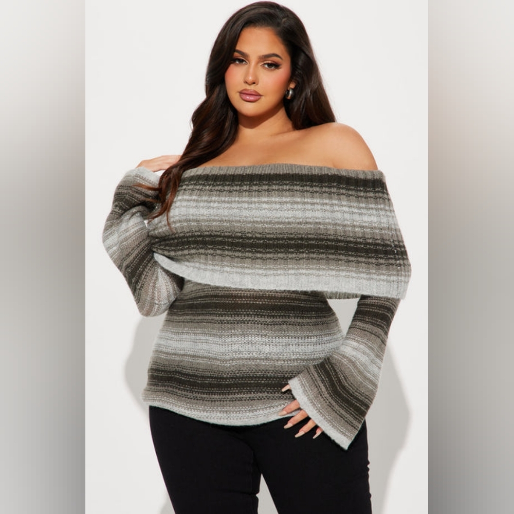Women's Off-Shoulder Striped Sweater - Gray and Black